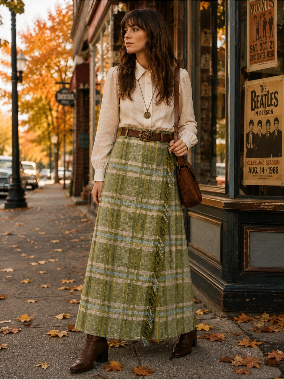 Handmade Vintage 60’s Wool Green & Cream Plaid Tartan Maxi Skirt